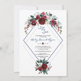 Charm Burgundy Floral Navy Sip & See Baby Dusche Einladung