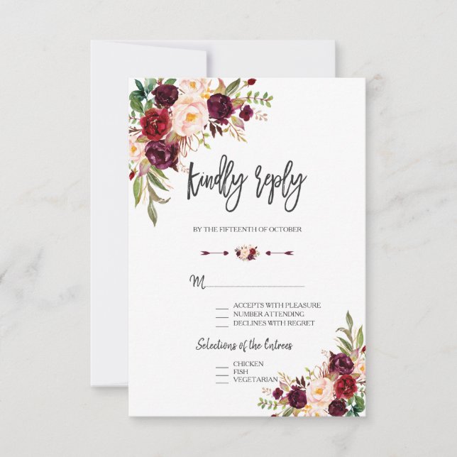 Charm Burgundy Floral Wedding Handwriting UAWG RSVP Karte (Vorderseite)