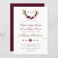 Charm Burgundy Marsala Floral Antlers Gold Wedding