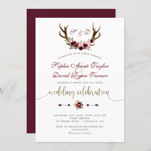 Charm Burgundy Marsala Floral Antlers Gold Wedding Einladung