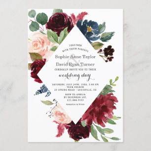Charm Burgundy Navy Blush Bloral Hochzeit Einladung