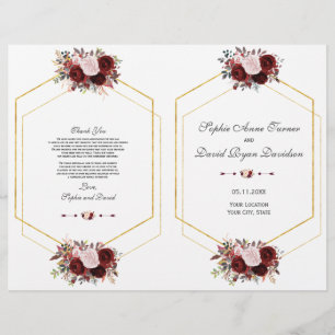 Charm Burgundy Pink Floral Gold Hochzeitsprogramm