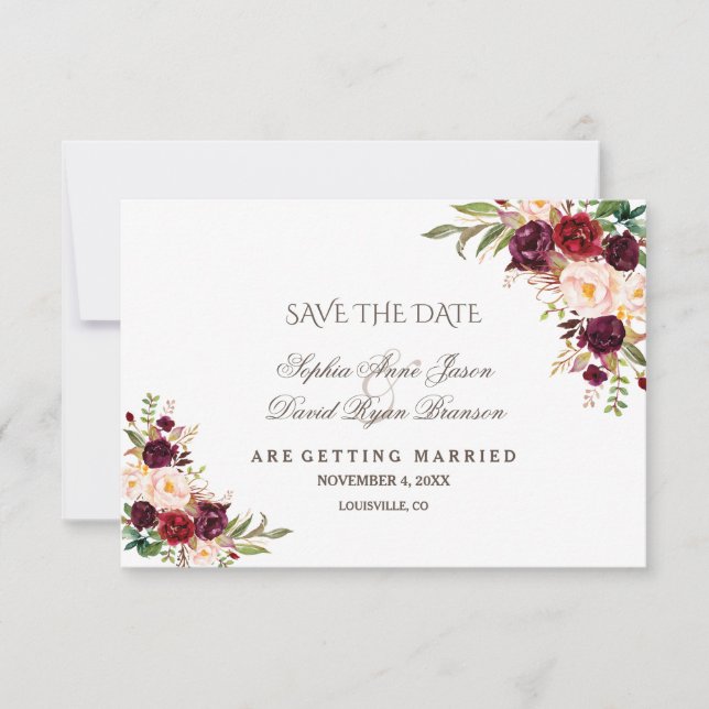Charm Burgundy Red Marsala Floral Save the Date (Vorderseite)