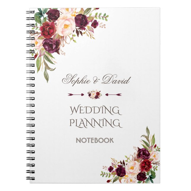 Charm Burgundy Red Marsala Floral Wedding Planner Notizblock (Vorderseite)