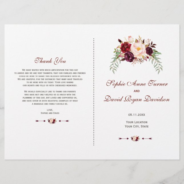 Charm Burgundy Red Marsala Floral Wedding Program Flyer (Vorne)