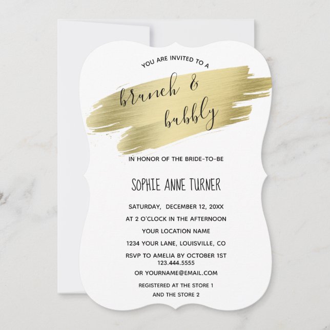 Charm Calligraphy Gold Stroke Brunch & Bubbly Einladung (Vorderseite)