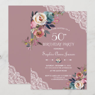 Charm Dusty Blue Dusty Rose Blume 50. Geburtstag Einladung