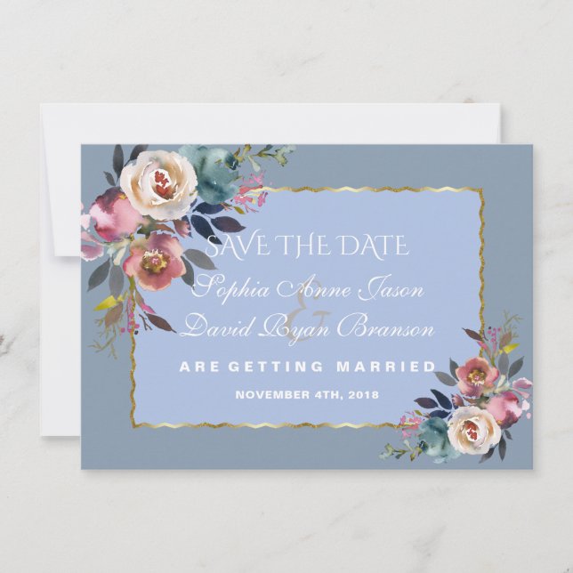 Charm Dusty Blue Misty Rose Gold Frame Wedding Save The Date (Vorderseite)