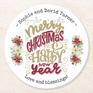 Charm Frory Christmas Happy New Year Typografie Runder Pappuntersetzer