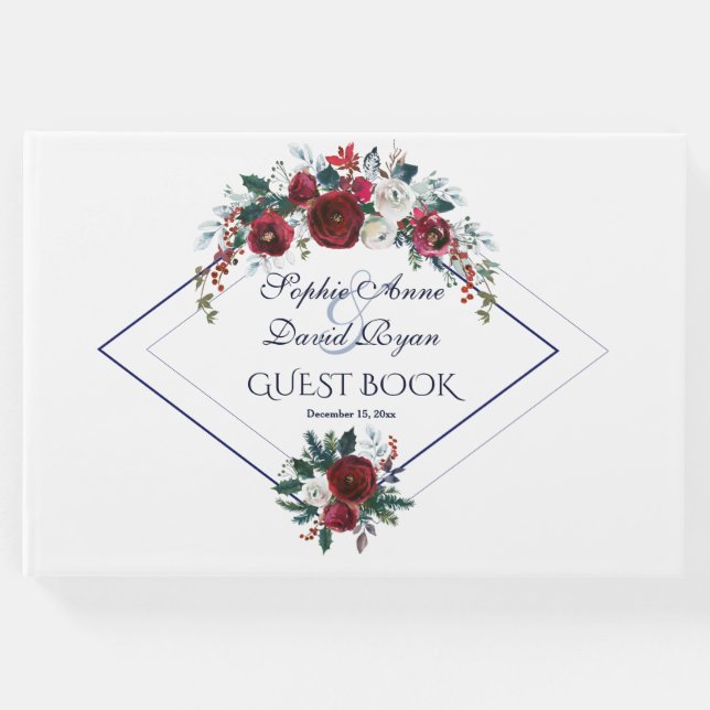 Charm Geometric Burgundy Navy Blue Floral Wedding Gästebuch (Vorderseite)