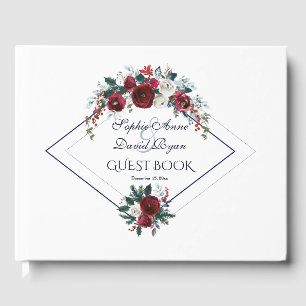Charm Geometric Burgundy Navy Blue Floral Wedding Gästebuch