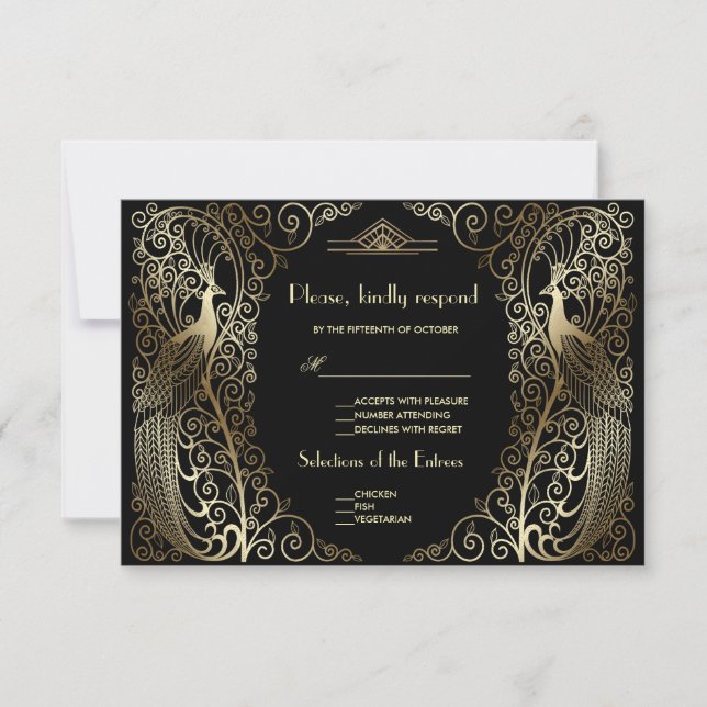 Charm Gold Art Deco Peacocks Wedding RSVP (Vorderseite)