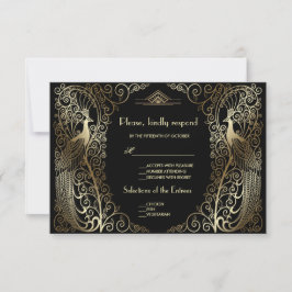 Charm Gold Art Deco Peacocks Wedding RSVP Karte