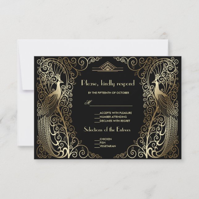 Charm Gold Art Deco Peacocks Wedding RSVP Karte (Vorderseite)