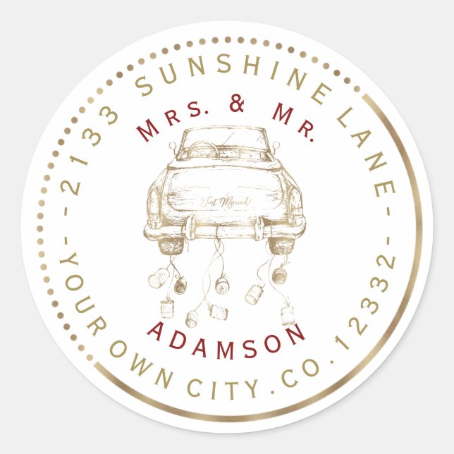 Charm Gold Car Just Married Circle Address Label Runder Aufkleber (Vorderseite)