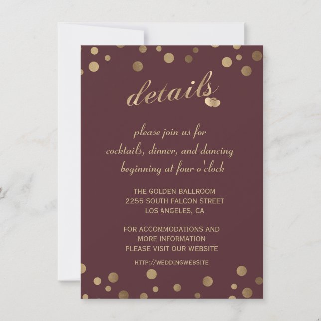 Charm Gold Confetti Burgundy Wedding Details Einladung (Vorderseite)