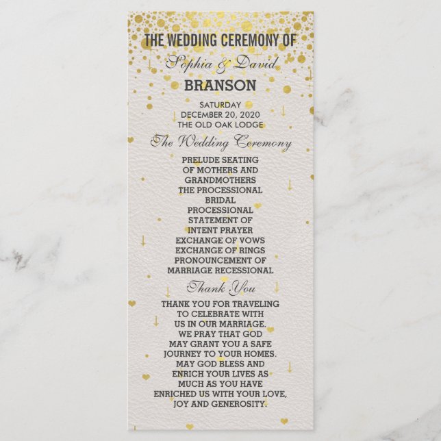 Charm Gold Confetti White Leather Wedding Programm (Vorderseite)