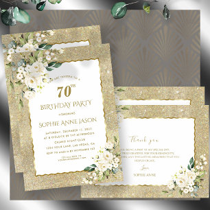 Charm Gold Glitzer Weiße Blume 70. Geburtstag Einladung
