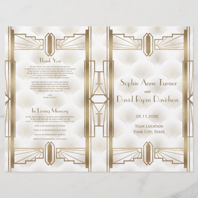 Charm Gold Great Gatsby Art Deco Wedding Programm (Vorderseite)