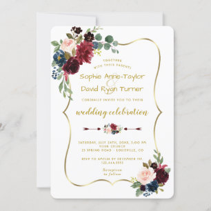 Charm Gold Merlot Navy Blue Floral Wedding Einladung