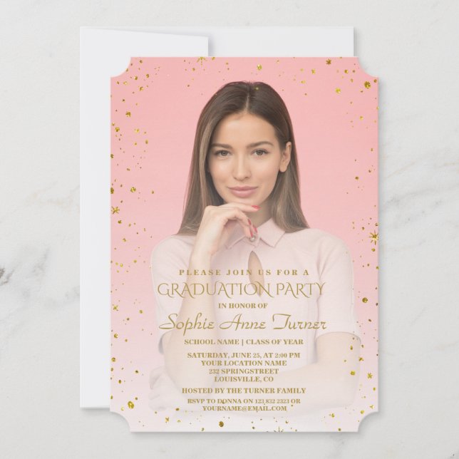 Charm Gold Sparkle Confetti Foto Graduation Party Einladung (Vorderseite)