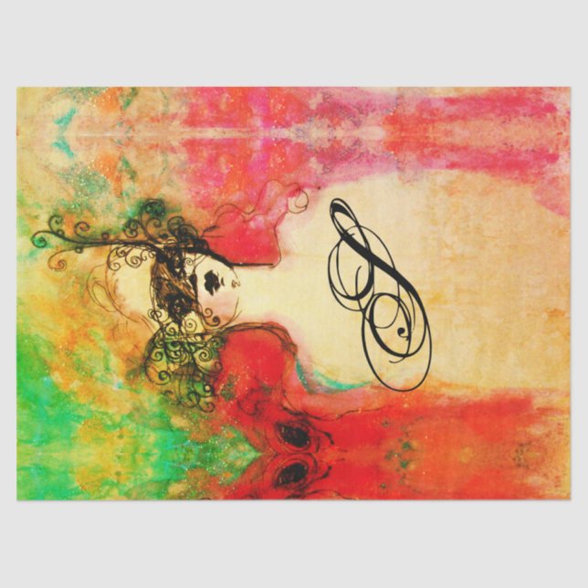 CHARM /Lady mit Maske Monogram Pink Aquamarin Gree Seidenpapier (Vorderseite)