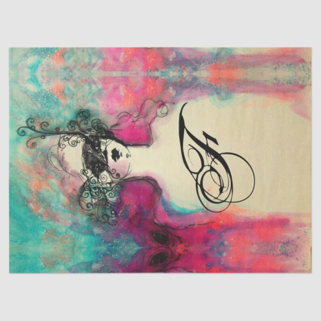 CHARM /Lady mit Maske Monogramm Aquamarin grün ros Seidenpapier (Vorderseite)