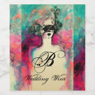 CHARM /Lady mit Maske Wedding Monogram Pink Aquama Weinetikett