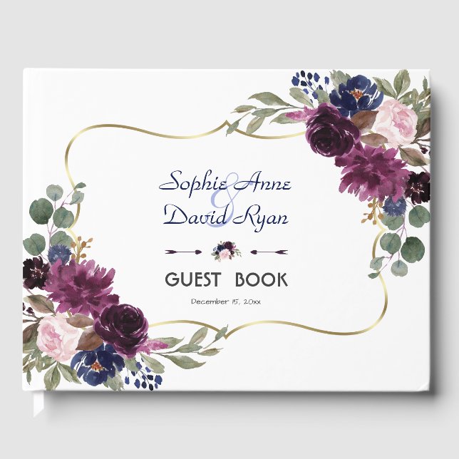 Charm Lavender Navy Gold Blumenblume Hochzeit Gästebuch (Vorderseite)