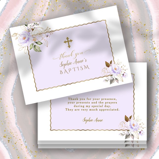 Charm Light Lila Gold Blume Girl Baptisse Dankeskarte (floral baptism thank you, gold light purple baptism thank you, trendy elegant modern baptism card)