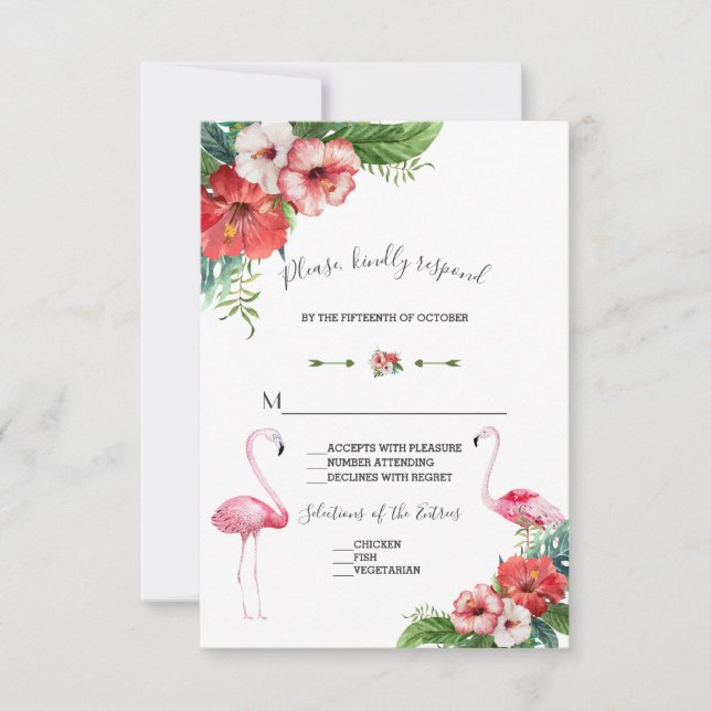 Charm Luau Flamingo Tropical Floral Wedding RSVP Karte (Vorderseite)