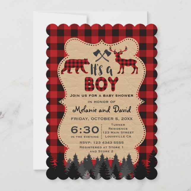 Charm Lumberjack Red Buffalo Boy Baby Dusche Einladung (Vorderseite)