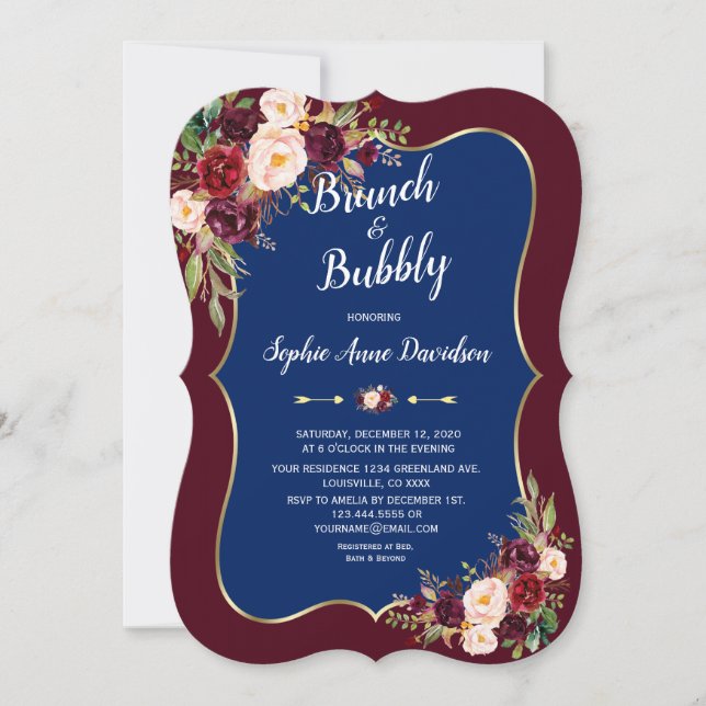 Charm Navy Blue Burgundy Blumenbrunch & Bubbly Einladung (Vorderseite)