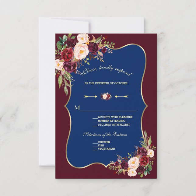 Charm Navy Blue Burgundy Floral Gold Wedding RSVP Karte (Vorderseite)