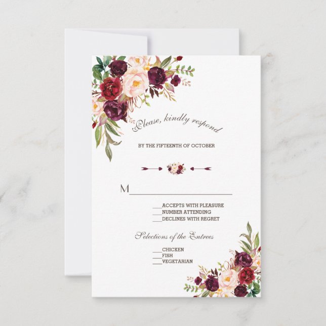 Charm Navy Blue Burgundy Floral Wedding RSVP Karte (Vorderseite)