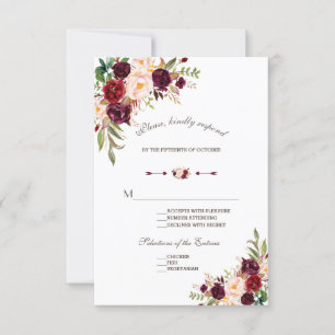 Charm Navy Blue Burgundy Floral Wedding RSVP Karte