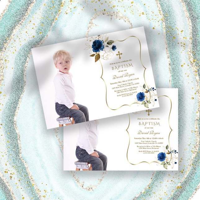 Charm Navy Blue Floral Gold Boy Foto Taufe Einladung (blue flowers boy photo baptism, trendy blue floral photo baptism, blue gold boy photo baptism)