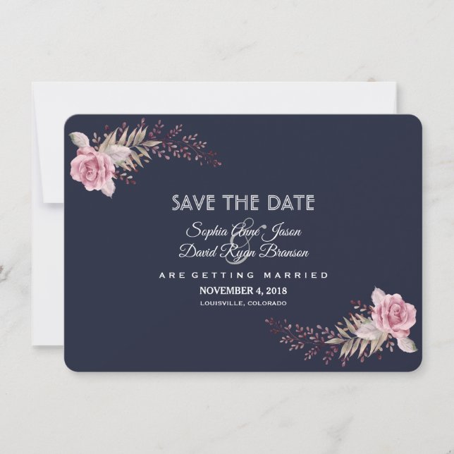 Charm Navy Blue Maroon Boho Floral Save the Date (Vorderseite)
