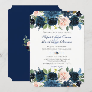 Charm Navy Blush Bloral Bloom Hochzeit Einladung
