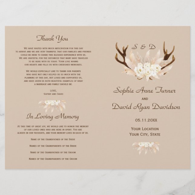 Charm Pampas Grass Floral Antlers Wedding Programm Flyer (Vorne)
