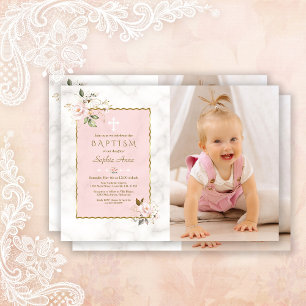 Charm Pink Blume Gold Girl Foto Taufe Einladung