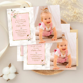 Charm Pink Blume Gold Girl Foto Taufe Einladung