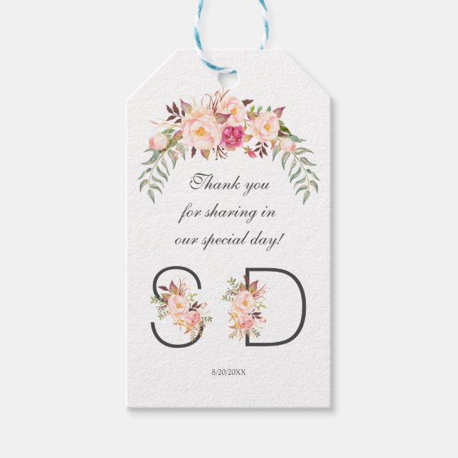 Charm Pink Blush Bloral Monogram Wedding Geschenkanhänger (Vorderseite)