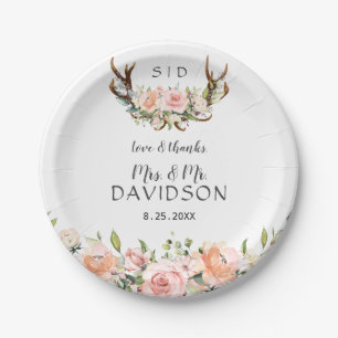 Charm Pink Blush Blume Antlers Monogram Wedding Pappteller