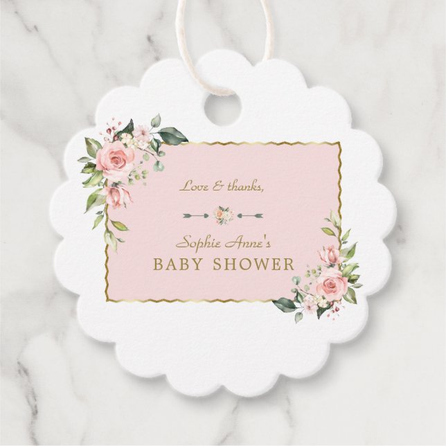 Charm Pink Blush Blume Gold Frame Baby Dusche Geschenkanhänger (Vorderseite)