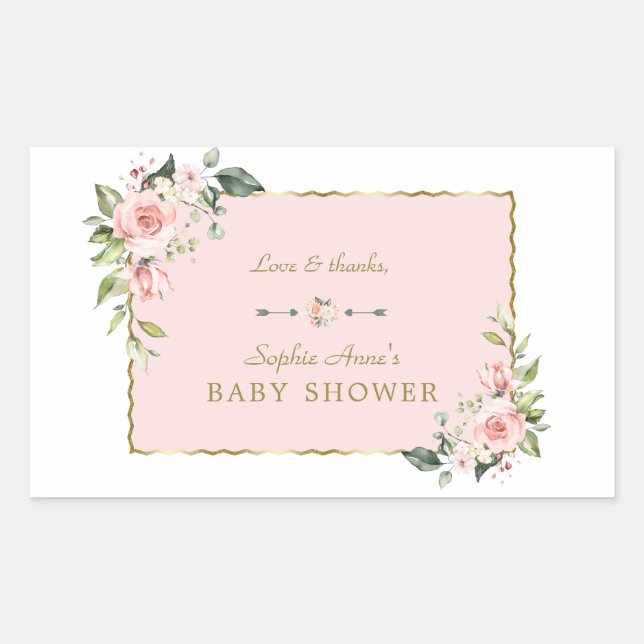 Charm Pink Blush Blume Gold Frame Baby Dusche Rechteckiger Aufkleber (Vorderseite)