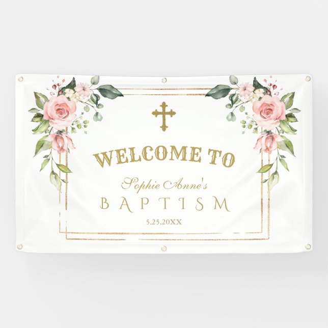 Charm Pink Blush Blume Gold Taufe Willkommenszeich Banner (Horizontal)