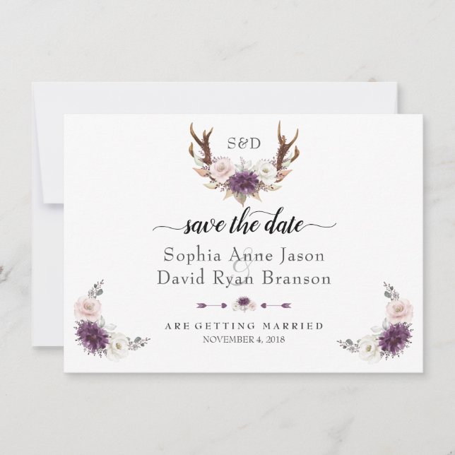 Charm Pink Blush Floral Antler Save the Date (Vorderseite)
