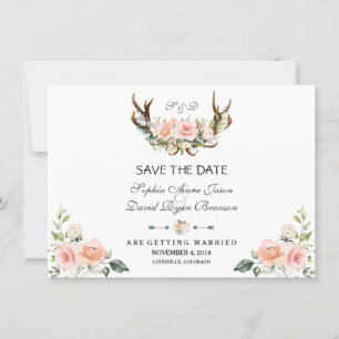 Charm Pink Blush Floral Antler Save the Date