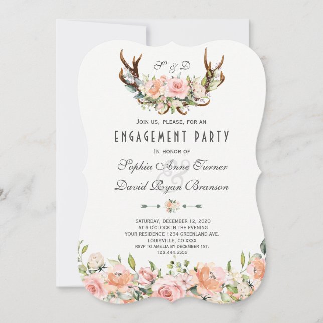 Charm Pink Blush Floral Antlers Engagement Party Einladung (Vorderseite)